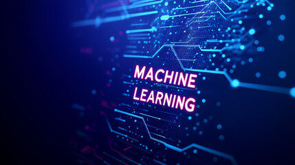 Neon machine learning text with glowing circuits on a dark background
