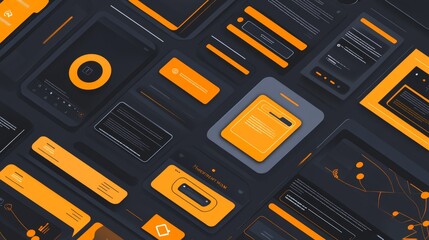 A futuristic digital interface design with orange highlighted elements displayed on a dark background, emphasizing technology and innovation.