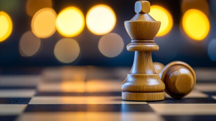 wooden chess piece on board with blurry background