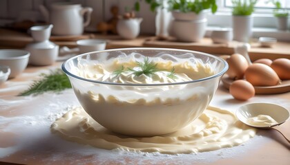 Wall Mural - Delicate onion crepes batter preparation in a blender bowl on a bright surface for Maslenitsa celebration