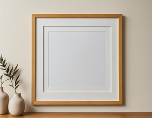 Mock up frame hanging on a white wall with minimal decoration