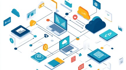 This illustration details a network of cloud connections depicted with laptops and digital elements focusing on data exchanges.