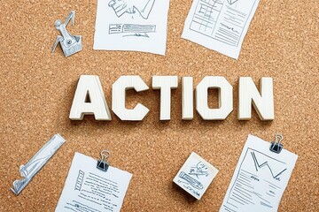 Wall Mural - action word in letters on a cork board with documents and clips.
