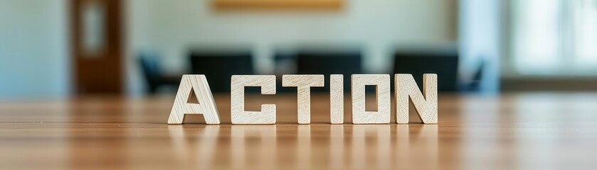 Wall Mural - action word displayed in wooden letters on a table in an office environment.