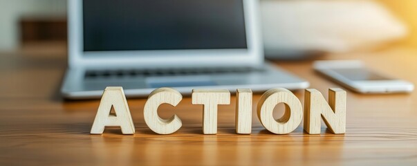 Wall Mural - wooden letters spelling 'action' on a desk with laptop in the background.