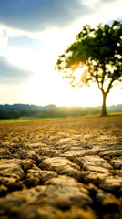 A serene landscape featuring a dry earth surface with cracks, a solitary tree, and a beautiful sunset illuminating the horizon.