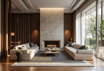 Wall Mural - Art deco interior design of modern living room with fireplace.