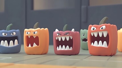 Four expressive cartoon bell peppers with aggressive faces in a playful setting.