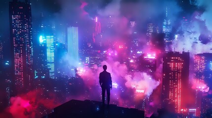 Wall Mural - a neon-glow effect, surrounded by soft, colourful smoke on a dark cityscape background, futuristic v