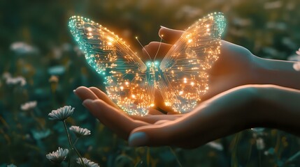 Wall Mural - human hands gently holding a digital butterfly, its wings made of glowing circuits, flying over a se