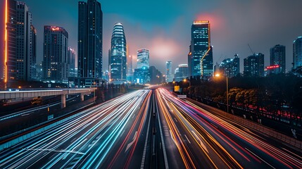 Wall Mural - A vibrant cityscape at night, featuring illuminated skyscrapers and light trails from moving vehicles.