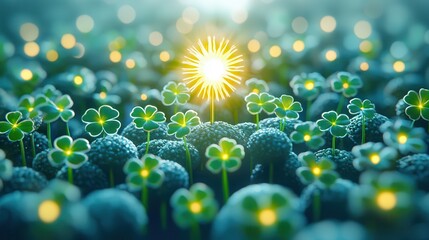 Wall Mural - Glowing Four Leaf Clover in a Field of Green.