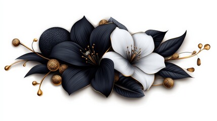 Monochromatic Floral Arrangement: Elegant black and white lilies with gold accents create a sophisticated and stylish floral design. Perfect for invitations, cards, or home decor.