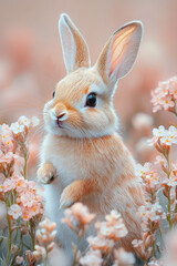 Wall Mural - A bunny hopping through a field of flowers, isolated on a pastel surface,