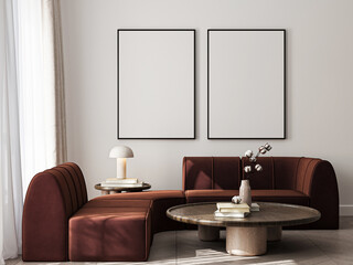 Frame mockup, ISO A paper size. Living room wall poster mockup. Interior mockup with house background. Modern interior design. 3D render
