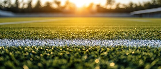 Closeup football grass field white line on blurred bokeh sunrise in the background