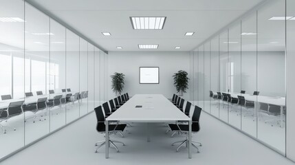 Professional office meeting room featuring sleek white tables and black chairs, divided by functional spaces, with a clear walkway leading toward the head of the room.