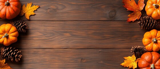 Poster -  A wooden table holds pumpkins, pine cones, and a single pine cone