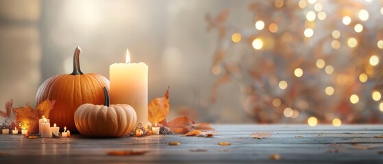 Poster -  A wooden table, topped with candles and pumpkins, sits next to a tree adorned with lights