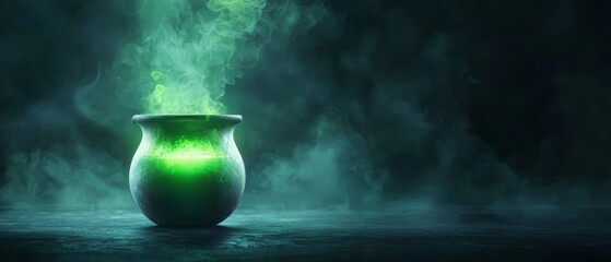 Canvas Print -  A green vase atop a table against a dark backdrop, emitting smoke