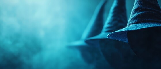 Wall Mural -  A tight shot of a hat perched atop a blue prop against a hazy backdrop