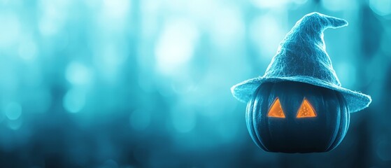 Poster -  A Halloween pumpkin wearing a witch's hat in front of a blurred backdrop