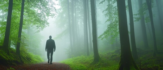  A person stands on a forest path amidst foggy day's thick mist