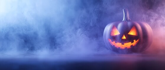 Wall Mural -  A glowing jack-o-lantern sits on a foggy surface, emitting smoke from its top