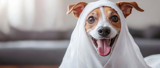 Canvas Print -  A brown and white dog, tongues out, wears a white cloth on its head