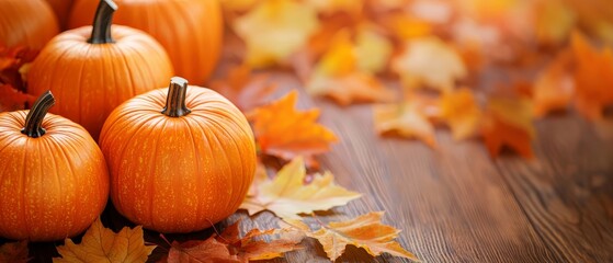 Poster -  Three pumpkins atop a wooden table, accompanied by leaves nearby, and an additional pumpkin on its own wood table