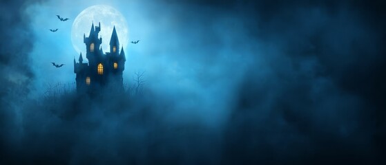 Poster -  A spooky castle nestled in darkness, populated by bats; wings silhouetted against the night sky The full moon cast an eerie glow