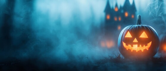  Two jack-o-lanterns flank a castle against a foggy night backdrop Full moon overhead