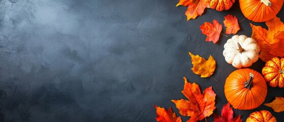 Poster -  A collection of orange and white pumpkins and leaves against a black backdrop Ideal for adding text or an accompanying image