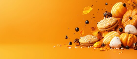 Wall Mural -  A table holds a stack of donuts near a tree laden with leaves and pumpkins