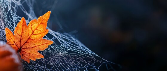 Wall Mural -  A tight shot of a leaf on a cobweb, with spiderwebs prominent in the foreground and a softly blurred background