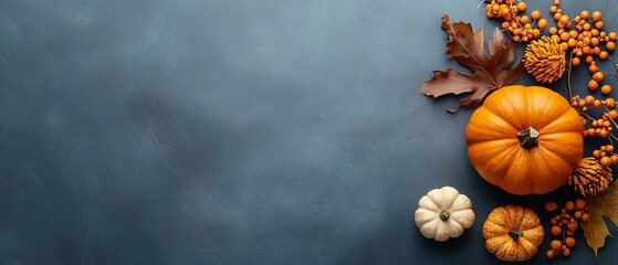 Wall Mural -  A collection of pumpkins atop a table, accompanied by a bundle of leaves and acorns