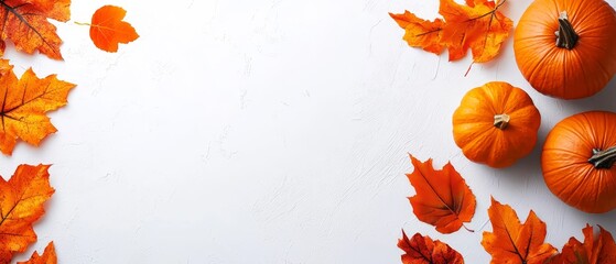 Wall Mural -  A collection of orange pumpkins arranged together on a pristine white background, surrounded by autumn leaves