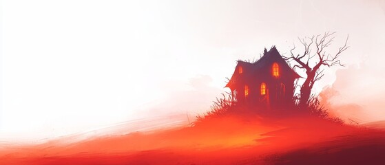 Sticker -  A house atop a hill, painted with a tree in the foreground, and a fog-shrouded sky in the background