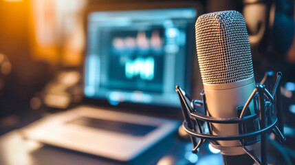 Close-up of a microphone and headphones on an office table near a laptop, creating content in a home studio setting for online discussions