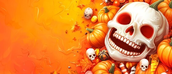 Poster -  Skull encircled by pumpkins, candies, and candy canes against an orange backdrop featuring leaves and more pumpkins