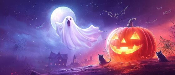 Wall Mural - Ghost and two cats before a jack-o-lantern