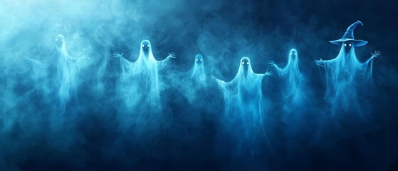 Poster -  A cluster of ghosts, each donning wizard hats, congregate amidst a blue fog-filled sky