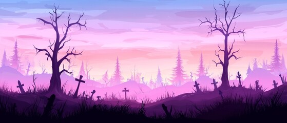 Canvas Print - Dead trees in foreground, purple-pink sky in background