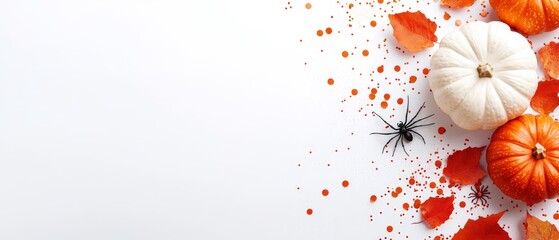 Sticker -  A collection of pumpkins and a spider against a pristine white background, adorned with splashes of paint