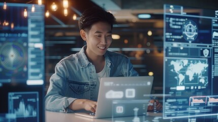 Smiling young Asian IT developer typing on a laptop, surrounded by coding program data on two screens, in a modern office. The developer wears a casual jeans shirt, creating an application