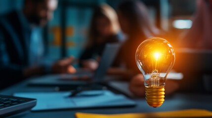 Close-up of a glowing light bulb in a modern office setting, symbolizing innovation, creativity, and new ideas in a business environment.