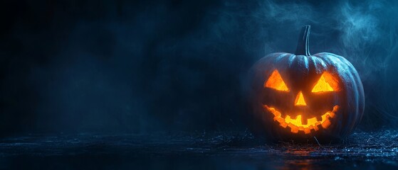 Canvas Print -  A jack-o-lantern pumpkin emits light in the dark, smoking from its top, and bears a radiant, glowing face