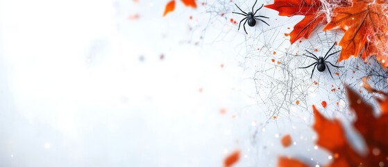 Wall Mural -  A spider rests on a leafy branch against a white backdrop, surrounded by orange-hued leaves and spun webs