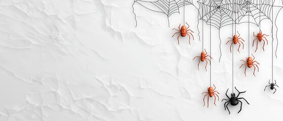 Wall Mural -  A group of black and orange spider webs hangs from the ceiling in a room with white walls