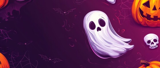 Wall Mural - ghost, pumpkins, jack-o'-lantern on purple backdrop..Or, if you prefer, in a more descriptive way: